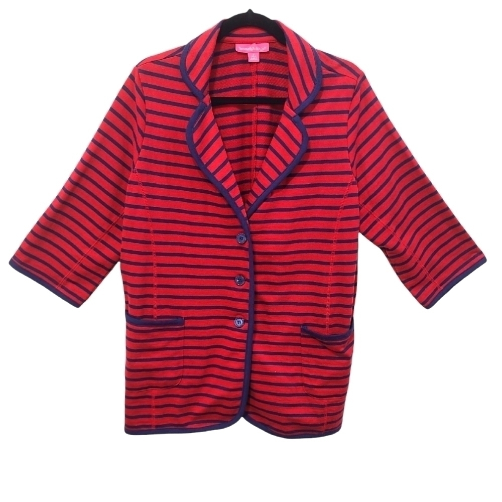 Woman Within Blazer / Cardigan Red & Navy Blue Stripes, Medium